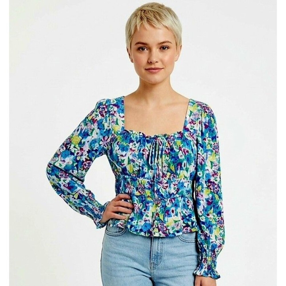 SO Crop Top Womens JR.  XL Blue Floral Boho Babydoll LS Cottagecore Festival
